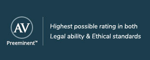 Graphic image of AV Preeminent with text stating Highest possible rating in both Legal ability and Ethical standards