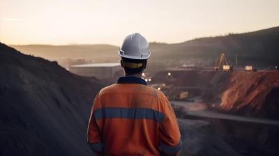 man in hard hat stands near mining site